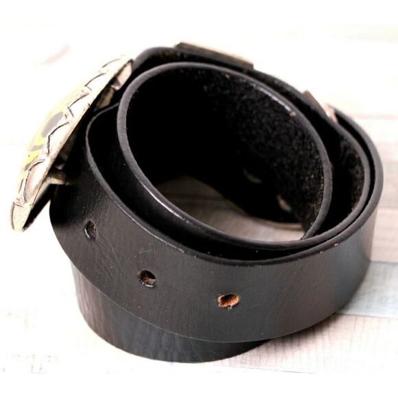 VINTAGE BLACK GENUINE LEATHER 1.25"Wd HOOK BUCKLE CASUAL WOMEN'S BELT Sz M (G74 - Picture 4 of 12